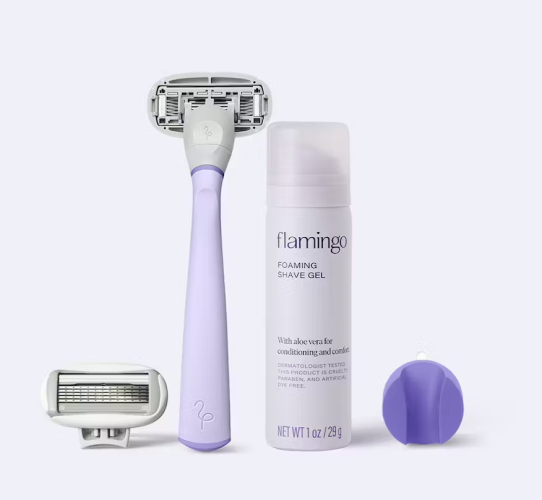 Flamingo Starter Set in the color Lilac, featuring a razor, shower holder, extra blade, and mini 1oz foaming shave gel
