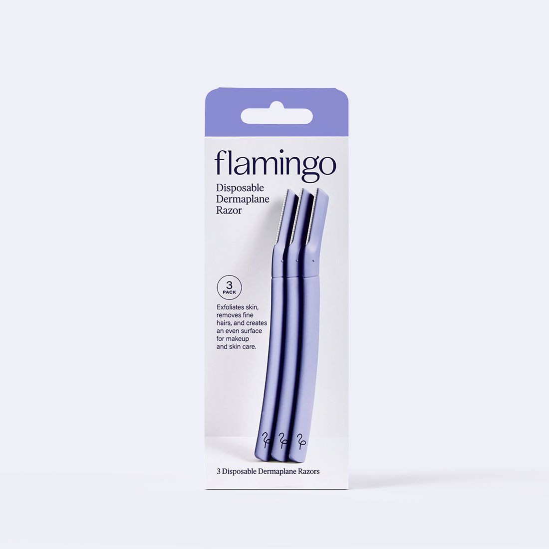 Box of three lilac purple Flamingo Disposable Dermaplane Razors