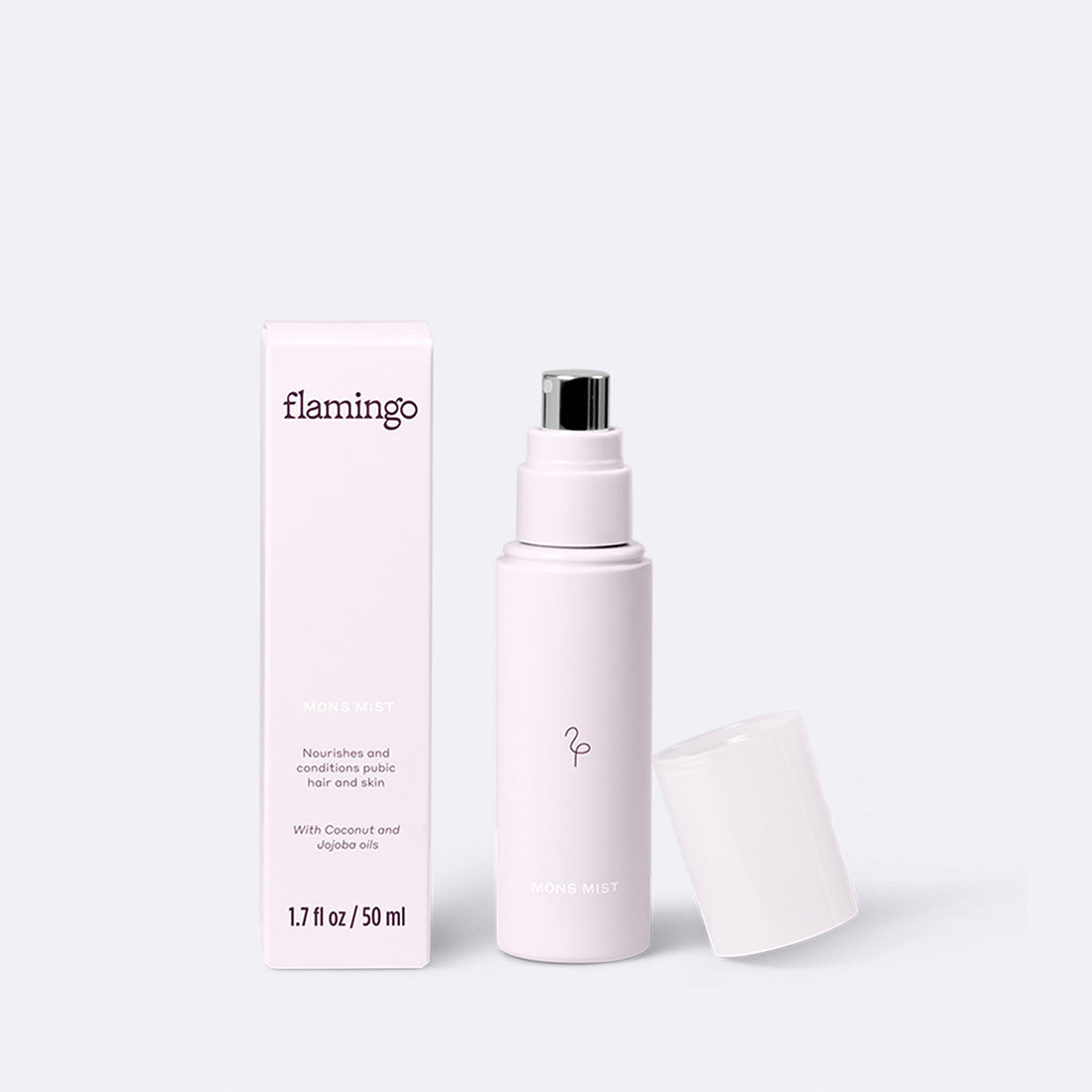 A pale purple bottle of Flamingo Mons Mist with the cap taken off to display the polished chrome spray nozzle