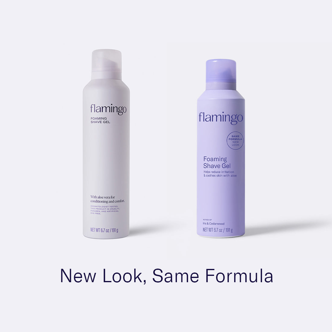 Image showing the updated packaging for the shave gel from the white can to the new lavender can.