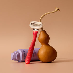 Cranberry Fizz razor resting against a dried gourd with a can of shave gel lying in the background. 
