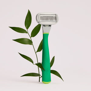 Green razor with a stem of leaves on a grey background.