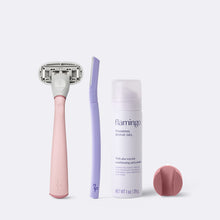 Rose Original Razor, Disposable Dermaplane razor, mini shave gel and Rose shower holder on a white background.