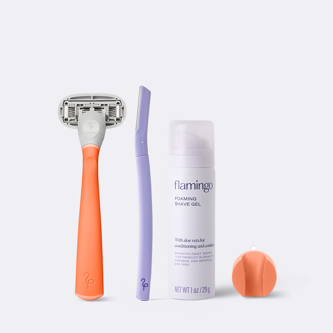 Papaya Original Razor, Disposable Dermaplane razor, mini shave gel and Papaya shower holder on a white background.