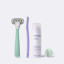 Sage Original Razor, Disposable Dermaplane razor, mini shave gel and sage shower holder on a white background.