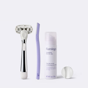 Chrome Original Razor, Disposable Dermaplane razor, mini shave gel and white shower holder on a white background.