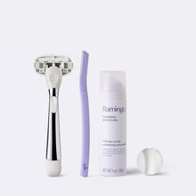Chrome Original Razor, Disposable Dermaplane razor, mini shave gel and white shower holder on a white background.