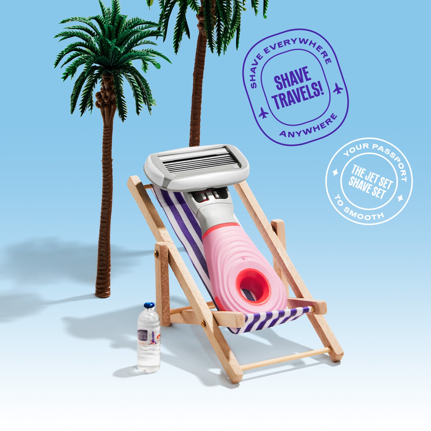 Mini razor on a beach chair with palm trees in the background and passport stamps imposed on the image. 