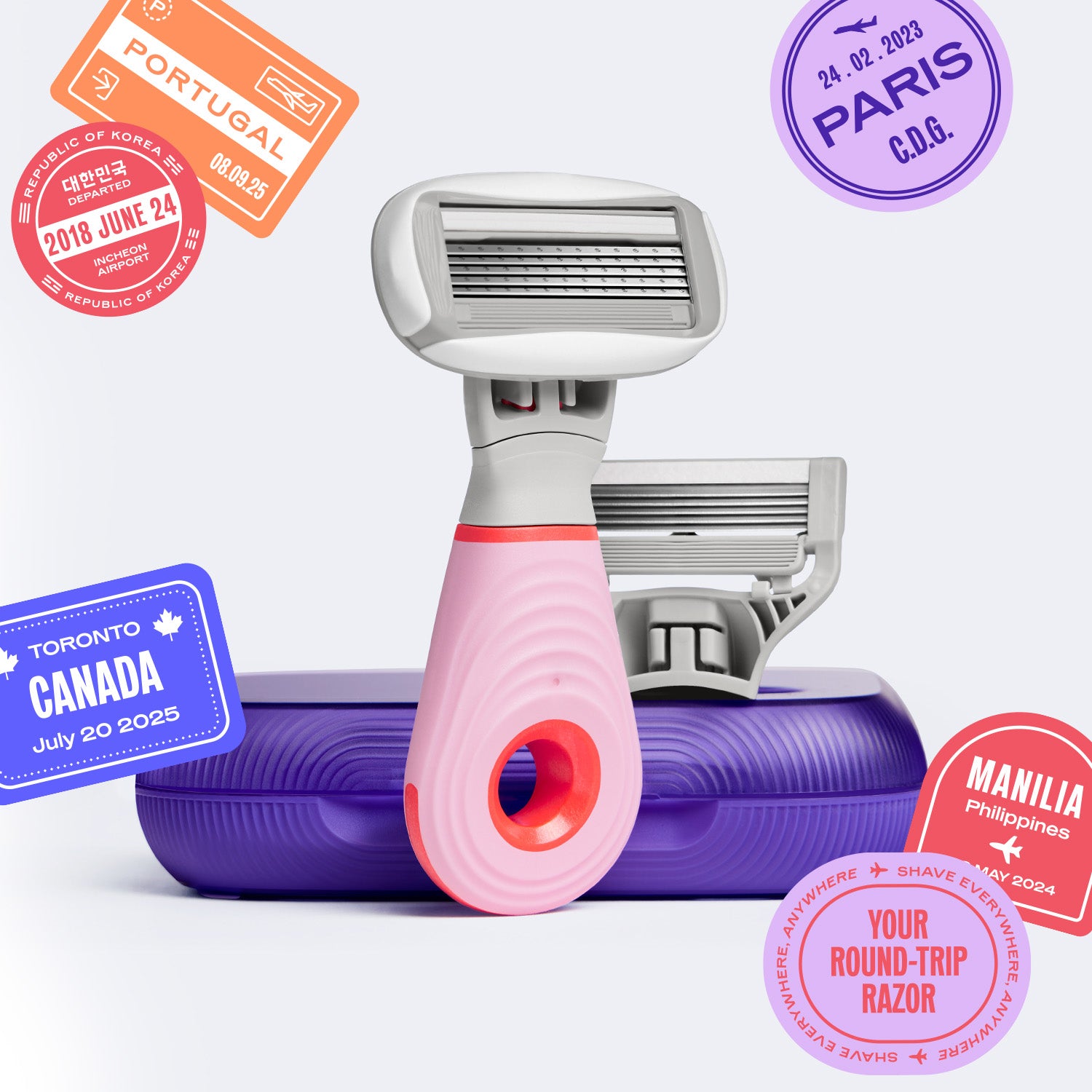 Mini Travel razor and case with passport stamps imposed across the image.