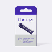 Box of six Flamingo Dermaplane Razor blades that pictures one of the dark purple, pull tab refill blades on the front