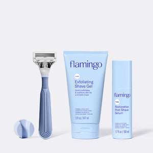Blue Shower Holder, Pubic Razor, Pubic Exfoliating Shave Gel and the Restorative Post Shave Serum on a white background.