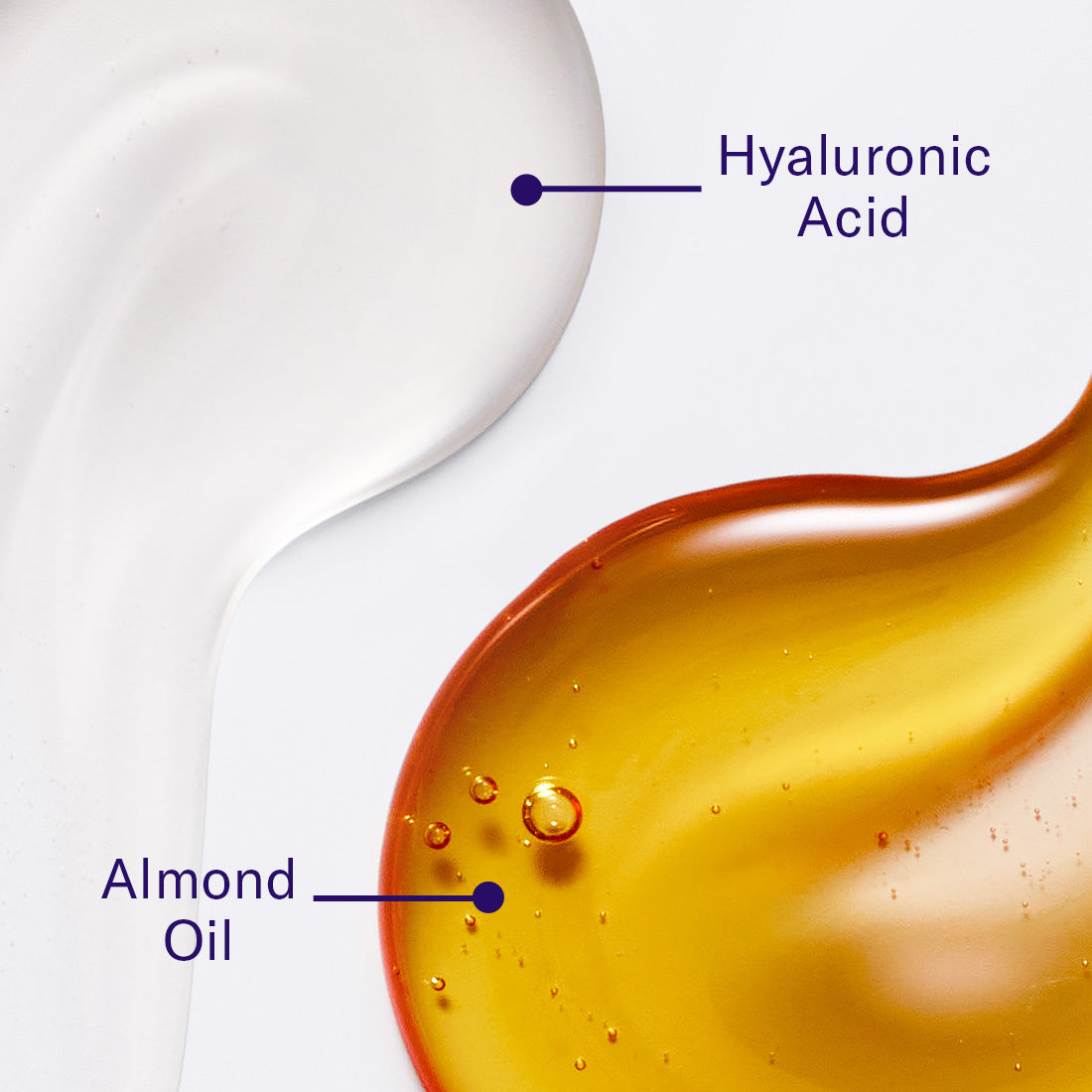 Close up of the product's key ingredients hylauronic acid and Almond oil on a white background.