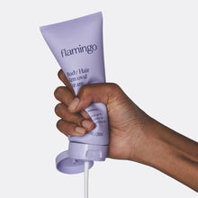 Woman's hand squeezing a lilac tube of Flamingo Body Hair Removal Cream