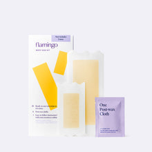 Flamingo body wax kit with two sizes of wax strips displayed alongside the post-wax cloth