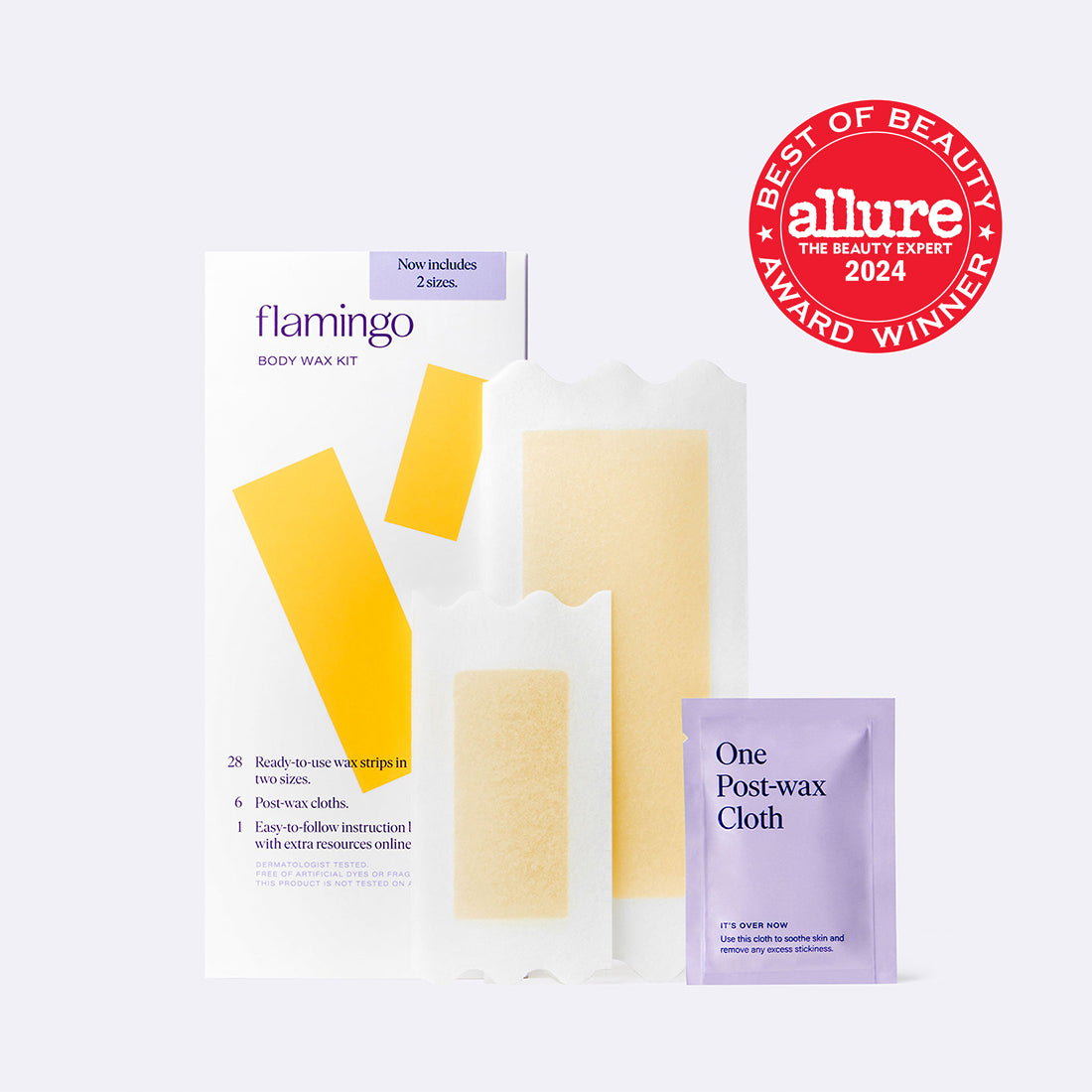 Body Wax Kit with the two different strips sizes and post wax cloth on a white background.