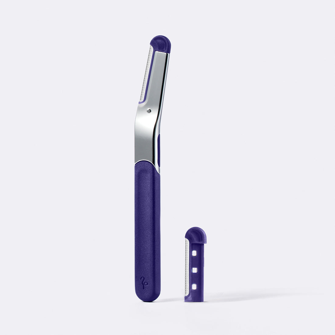 Flamingo's dark purple and polished chrome refillable Dermaplane Razor with an extra replacement blade