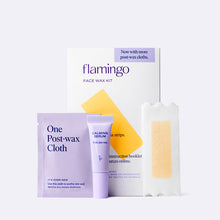 Flamingo Face Wax Kit with a small wax strip displayed alongside the post-wax cloth and calming serum