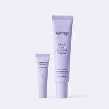 Lilac tube of Flamingo Facial Hair Removal Cream with smaller tube of calming serum