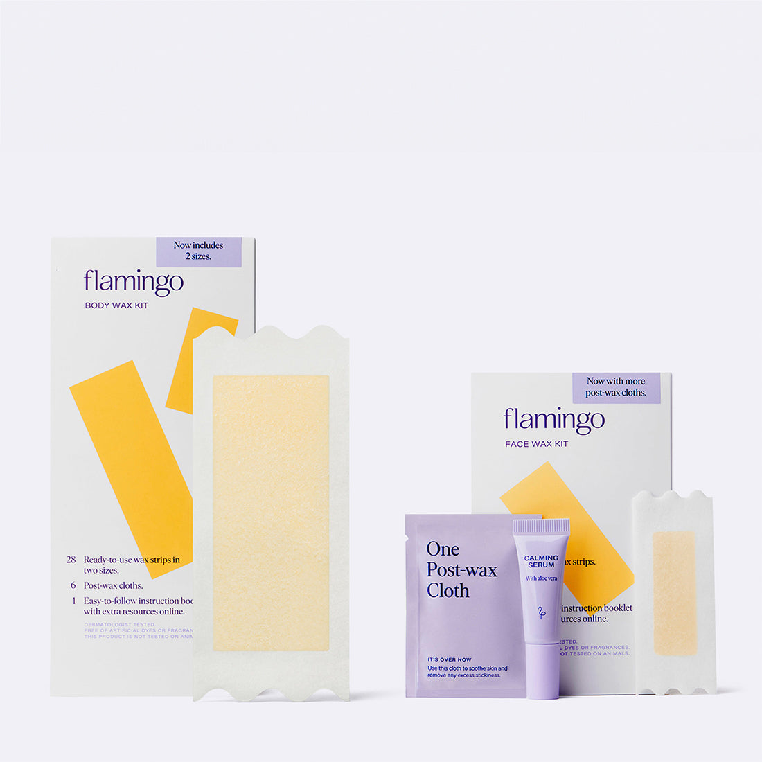 Flamingo Head to Toe Wax Kit featuring both the Body & Face Wax Kits with wax strips shown alongside the post-wax cloth and calming serum