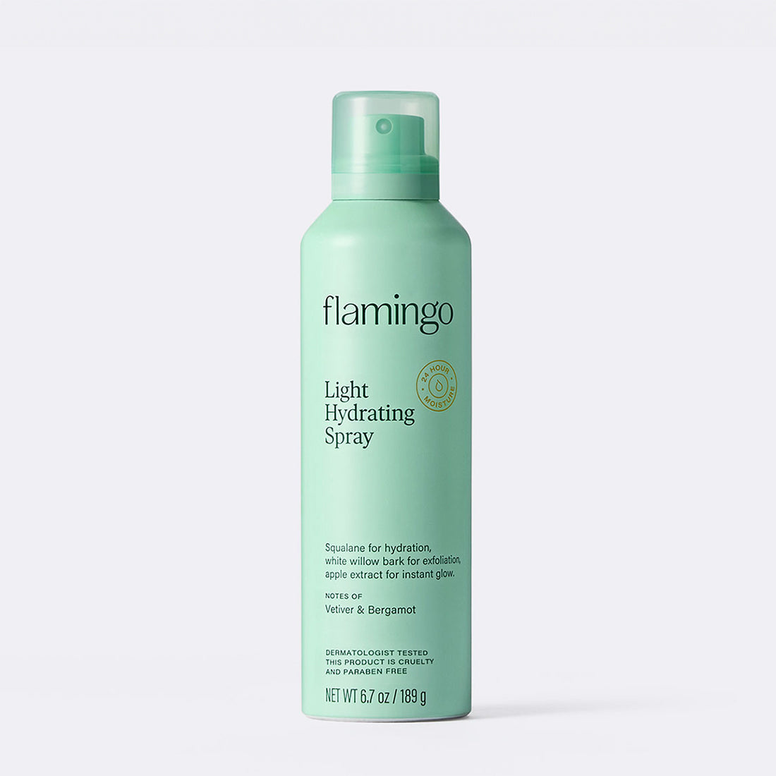 Pale green can of Flamingo Light Hydrating Spray