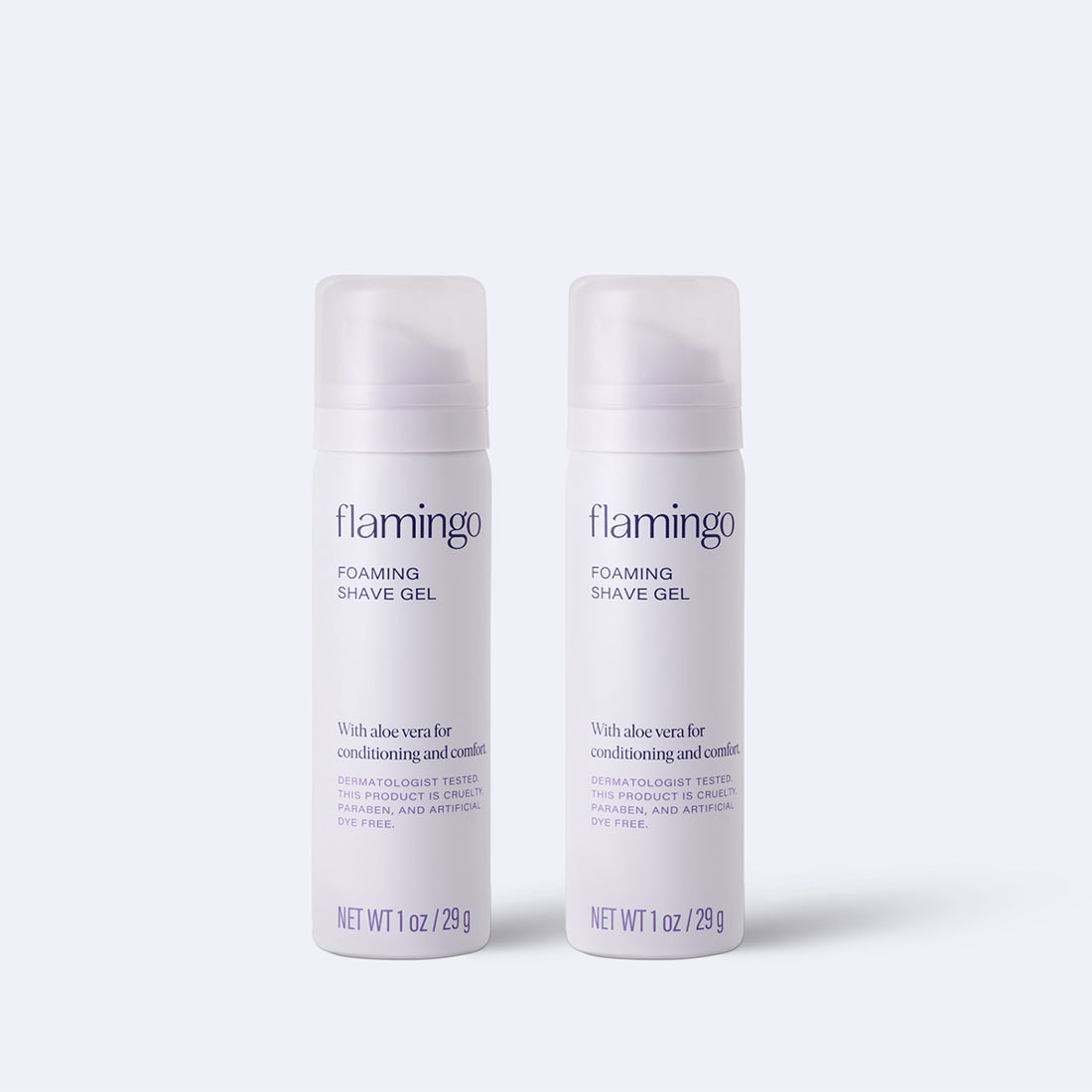 Two light grey cans of Flamingo Mini Foaming Shave Gel