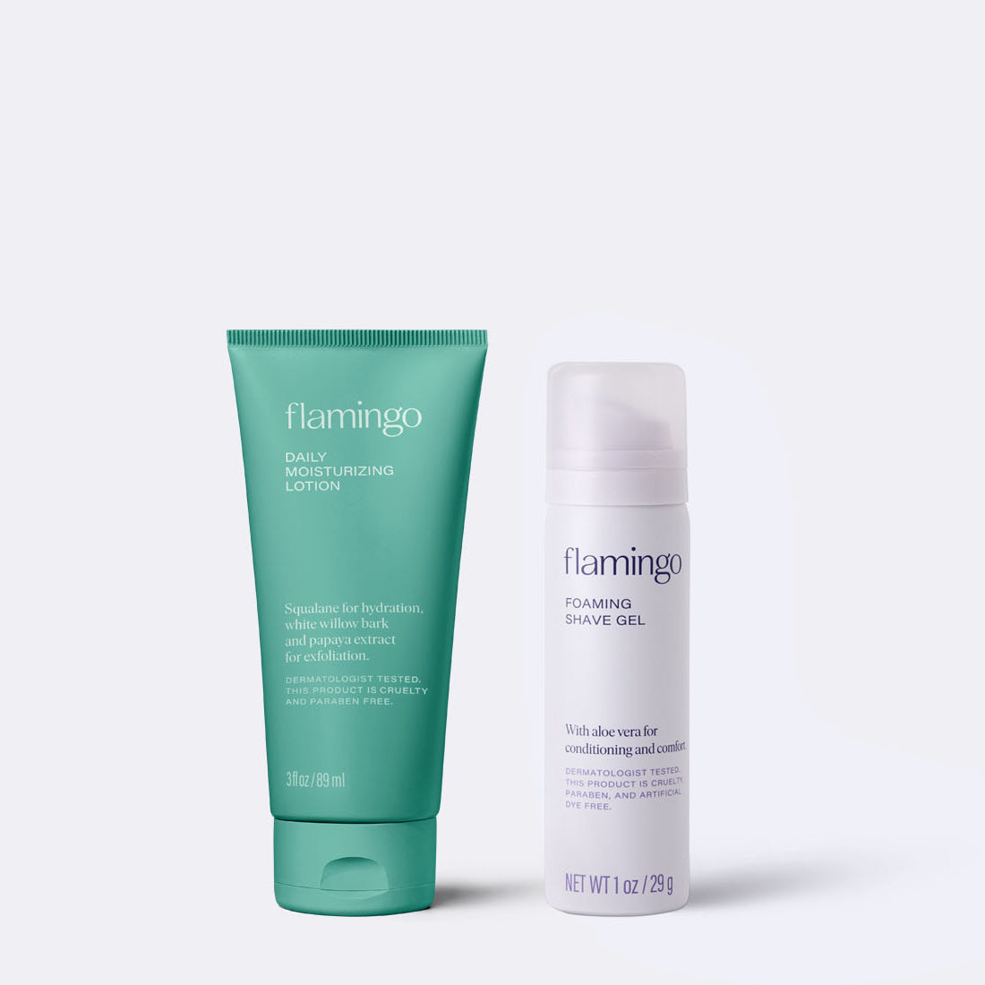 A green tube of Mini Daily Moisturizing Lotion and a light grey can of Mini Foaming Shave Gel