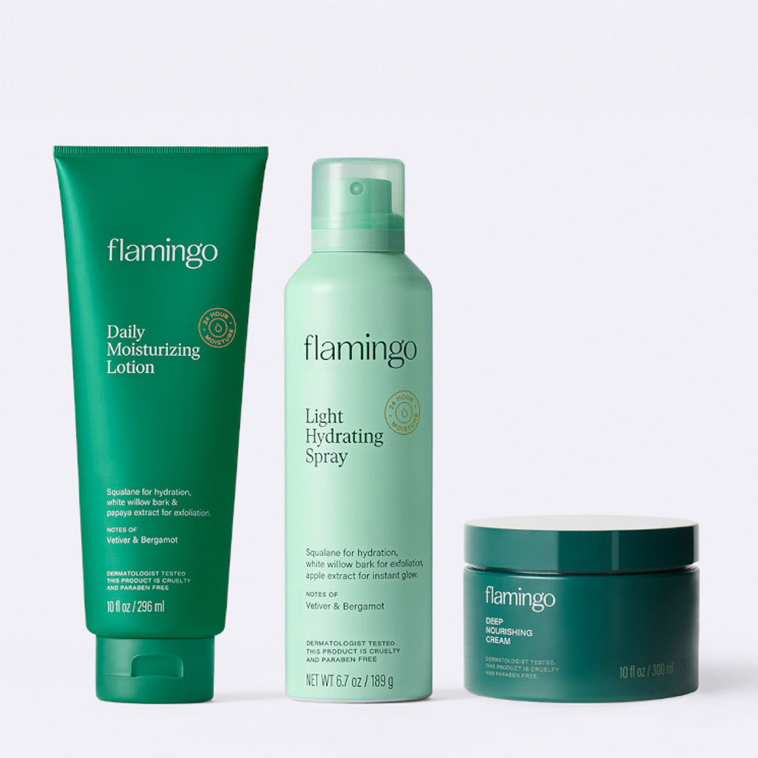 Flamingo's Body Moisture Trio featuring a green tube of Daily Moisturizing Lotion, a pale green can of Light Hydrating Spray, and a dark green jar of Deep Nourishing Cream all side by side