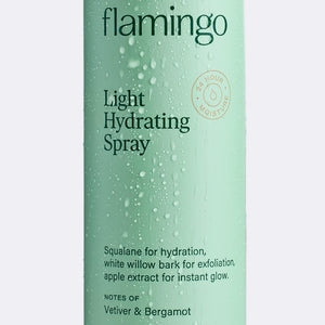 Close up of Flamingo Light Hydrating Spray can with water condensed on it as if it had been in the shower