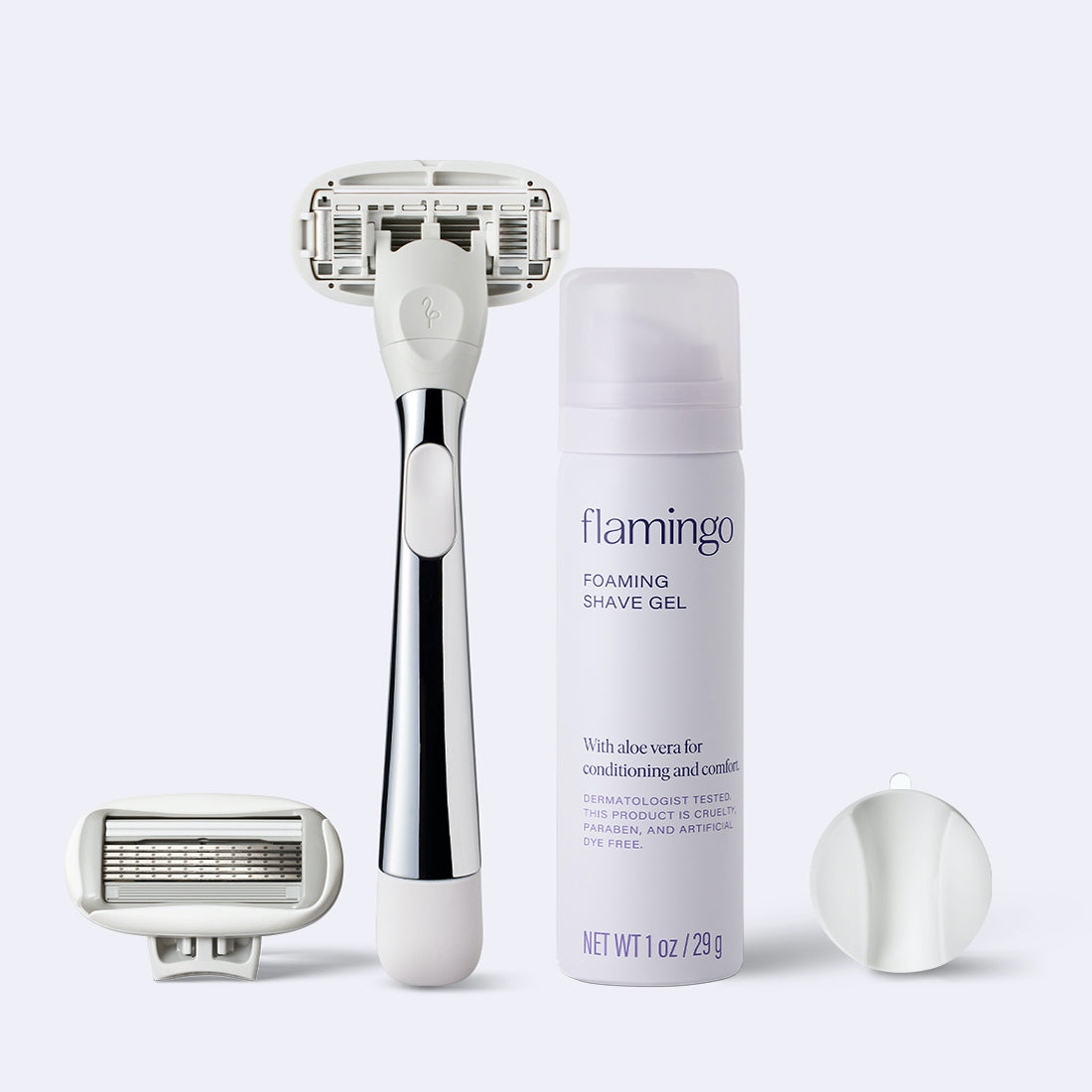 Flamingo Starter Set in the color Polished Chrome, featuring a razor, shower holder, extra blade, and mini 1oz foaming shave gel