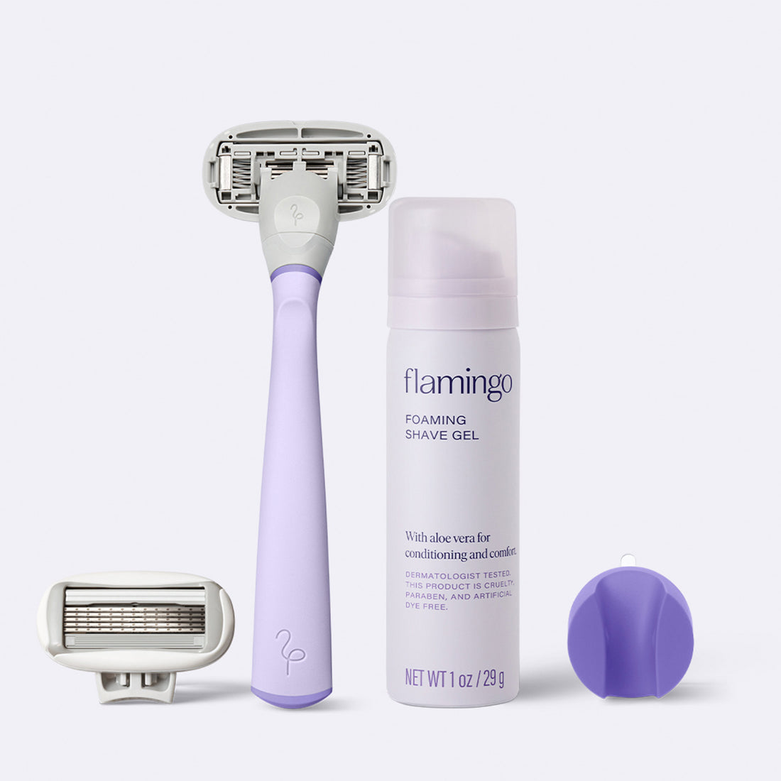 Flamingo Starter Set in the color Lilac, featuring a razor, shower holder, extra blade, and mini 1oz foaming shave gel