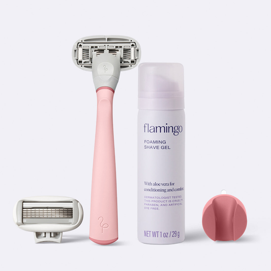 Flamingo Starter Set in the color Rose, featuring a razor, shower holder, extra blade, and mini 1oz foaming shave gel
