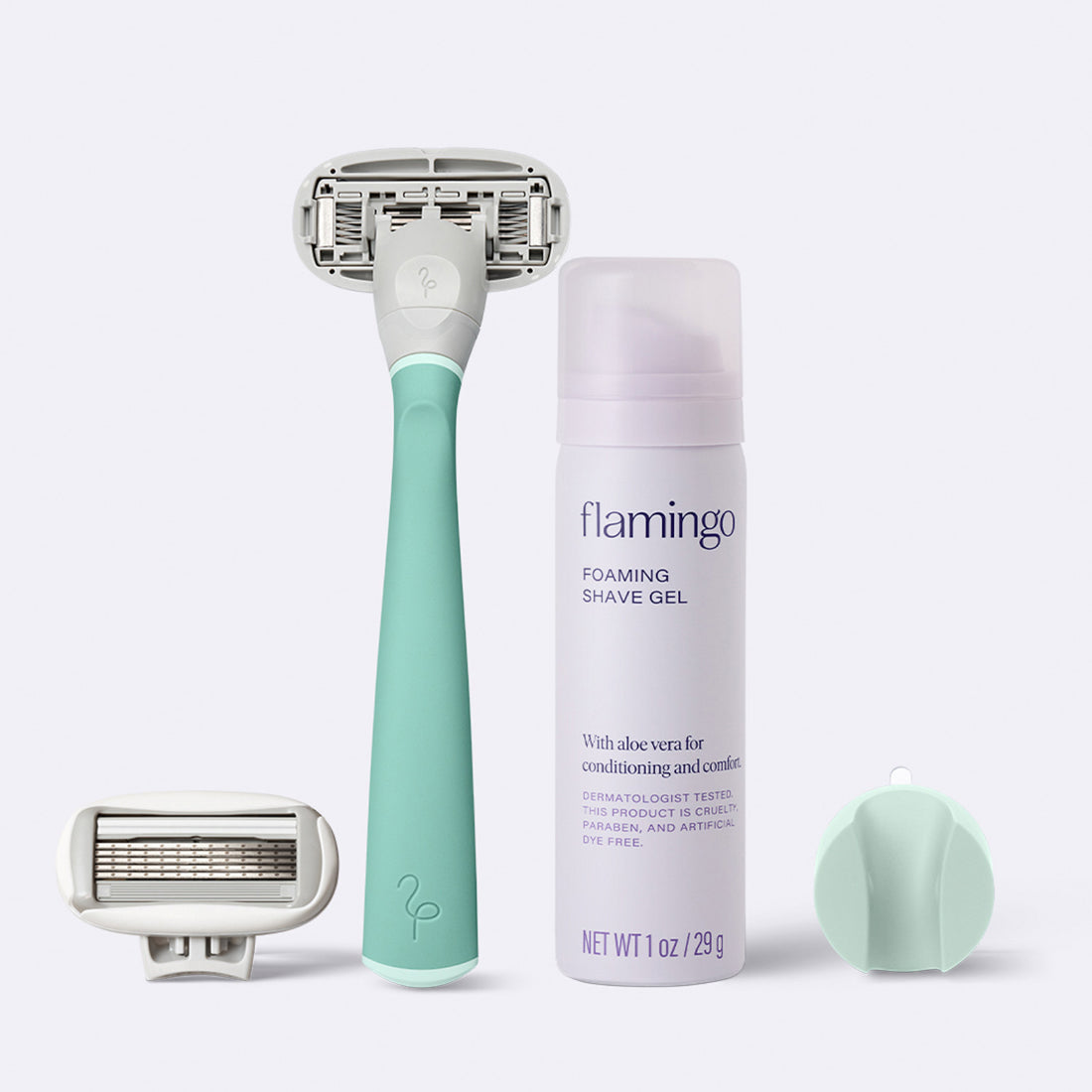 Flamingo Starter Set in the color Sage, featuring a razor, shower holder, extra blade, and mini 1oz foaming shave gel