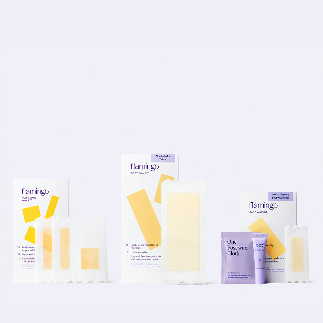Flamingo Wax Trio featuring the Body, Face, and Pubic Wax Kits with wax strips shown alongside the post-wax cloth and calming serum